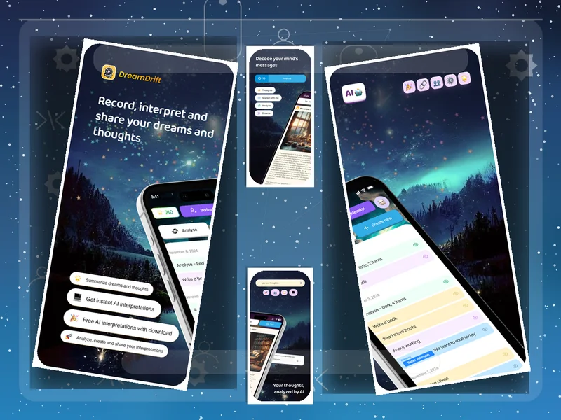Screenshot of the DreamDrift iOS app showing a dream journal entry with AI-generated insights and images.